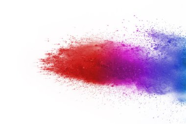 Soyut barut sıçramış arka plan. Beyaz arka planda renkli barut patlaması. Renkli bulut. Renkli toz patlar. Boya Holi.