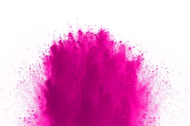 Soyut pembe toz sıçramış arkaplan, patlayan renk tozunun hareketsiz hareketi / renk pudrası, beyaz arkaplanda renk parıltısı dokusu.