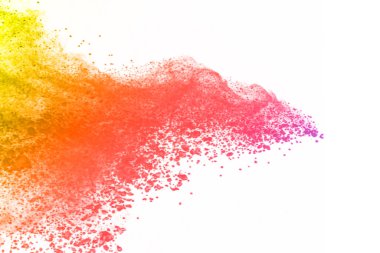 Soyut barut sıçramış arka plan. Beyaz arka planda renkli barut patlaması. Renkli bulut. Renkli toz patlar. Boya Holi.