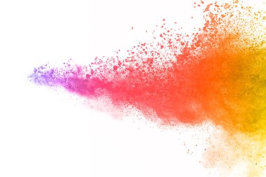 Soyut barut sıçramış arka plan. Beyaz arka planda renkli barut patlaması. Renkli bulut. Renkli toz patlar. Boya Holi.