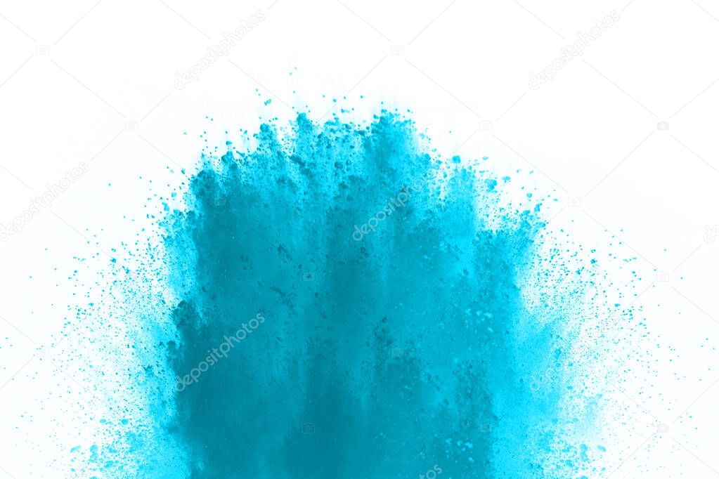 Blue color powder explosion on white background. Colored cloud. Colorful dust explode. Paint Holi.