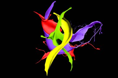 Siyah arkaplanda izole edilmiş renkli boya lekeleri.