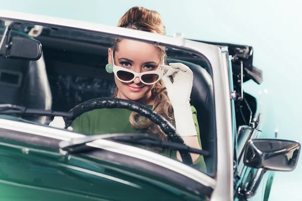 Vintage 1960 woman in convertible car — Stock Photo, Image