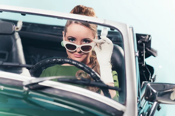Vintage 1960 woman in convertible car — Stock Photo, Image