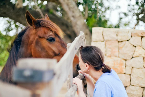 Vrouw kijken naar paard — Stockfoto