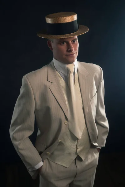 Man Wearing Boater Hat Suit Standing — Stock Photo, Image