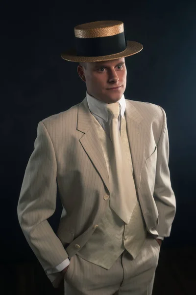 Man Wearing Boater Hat Suit Standing — Stock Photo, Image