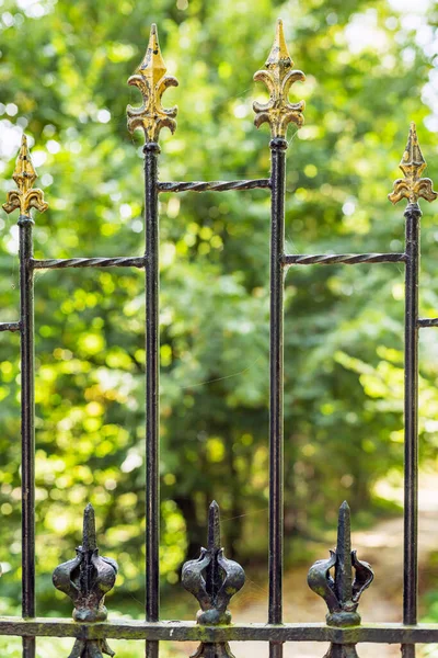 Close up of an iron fence at a private driveway with green vegetation behind it.