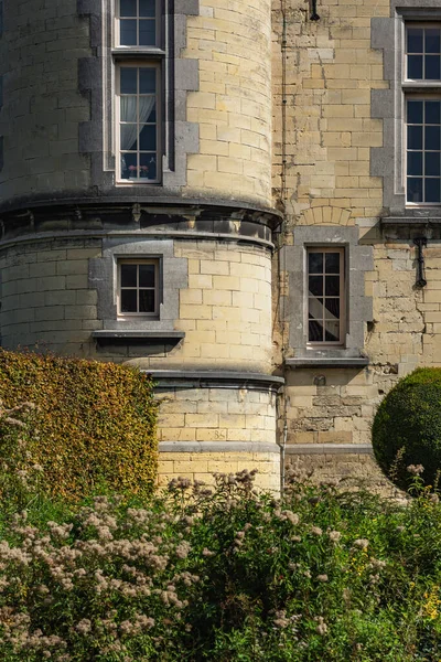 Castle wall with windows and a garden.