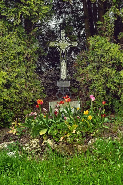 Krucifix Tulipány Mezi Jehličnany — Stock fotografie