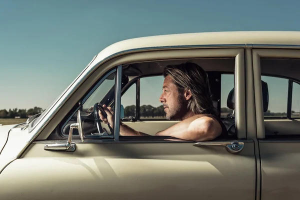 Blond Man Shirt Driving Classic Countryside Sunny Day — Stock Photo, Image