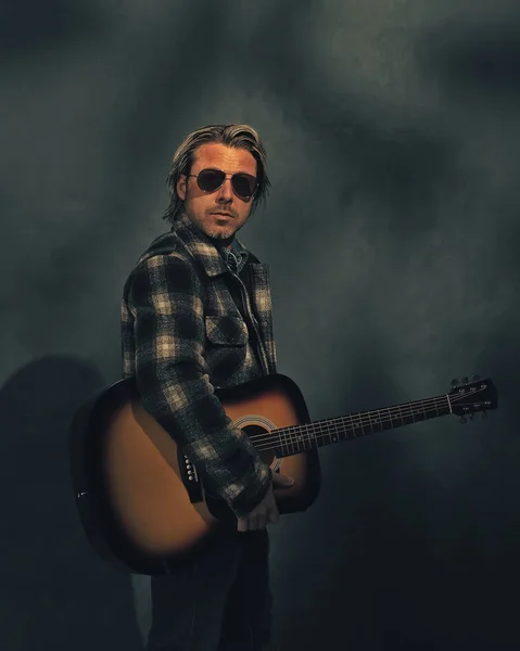 Hombre Con Chaqueta Cuadros Gafas Sol Aviador Con Guitarra Occidental — Foto de Stock