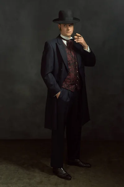 Cigar Smoking Young Man Stylish Vintage Victorian Clothes Stands Room — Stock Photo, Image