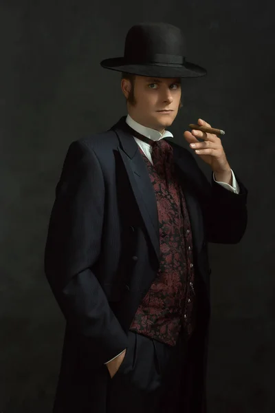 Cigar Smoking Young Man Stylish Vintage Victorian Clothes Stands Room — Stock Photo, Image