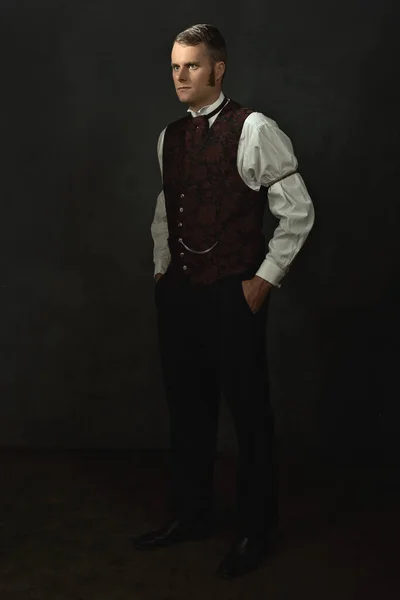 Shadowy Portrait Young Man Vintage Victorian Attire Room Front Dark — Stock Photo, Image