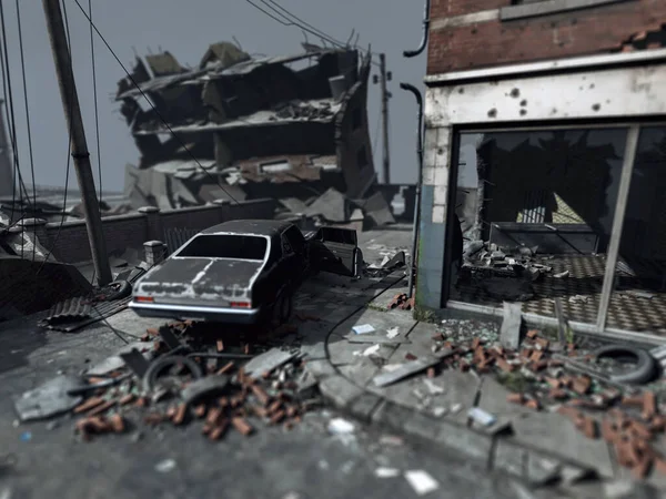 Vintage Muscle Car Abandoned Destroyed City Render — Stock Photo, Image