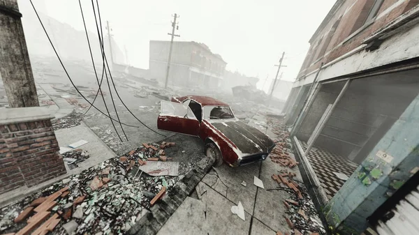 老式的肌肉车在一个废弃的和被摧毁的城市的雾中 3D渲染 高角度视图 — 图库照片