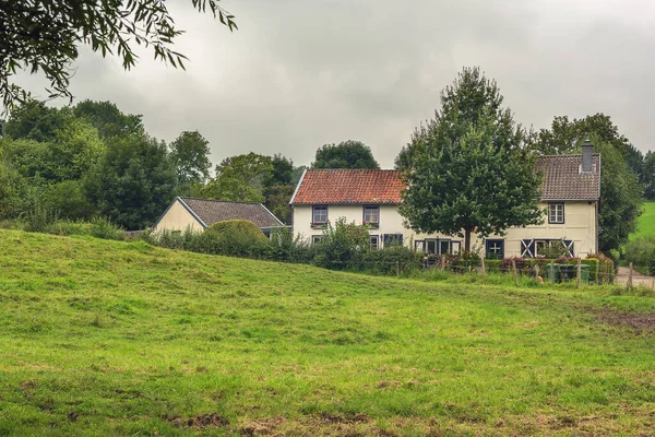 Rustikales Landhaus Üppiger Hügellandschaft Mit Wiese Und Bäumen Unter Wolkenverhangenem — Stockfoto