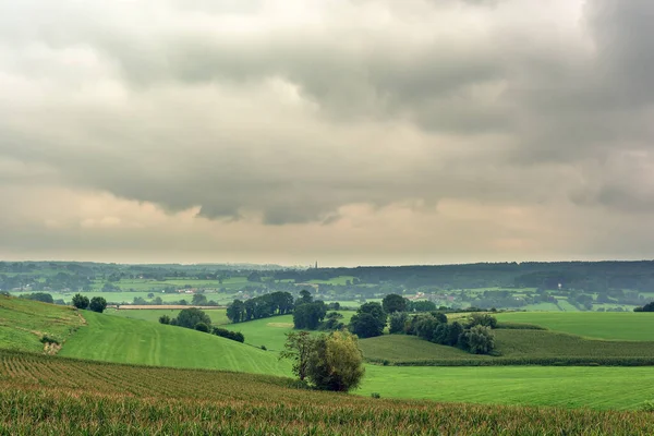 Lush Hilly Landscape Meadows Trees Small Villages Cloudy Sky — Stock Photo, Image