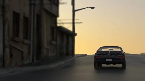 Vintage 1970S Muscle Car Drives Deserted Street Run Old Village — Stock Photo, Image