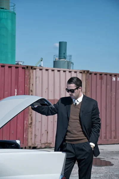 Retro 60s mafia business man with suit and black sunglasses look — Stock Photo, Image