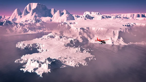 Εναέρια του κόκκινο αεροπλάνο που πετούν πάνω από τα παγόβουνα με ωκεανό στο sunris — Φωτογραφία Αρχείου