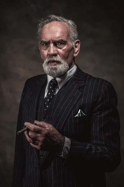 Cigar smoking characteristic senior business man with gray hair — Stock Photo, Image