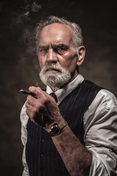 Cigar smoking characteristic senior business man with gray hair — Stock Photo, Image