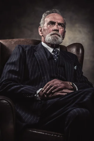 Na cadeira sentado característico homem de negócios sênior. Cabelo grisalho — Fotografia de Stock