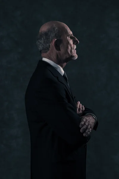 Senior businessman with gray beard wearing dark suit. Against gr — Stock Photo, Image