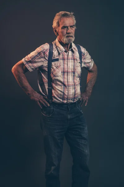 Characteristic senior man with gray hair and beard wearing check — Stock Photo, Image