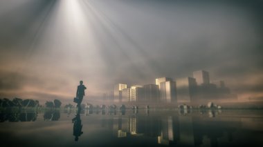 Kayıp iş adamı sis göl manzarası ile ayakta. Düşük