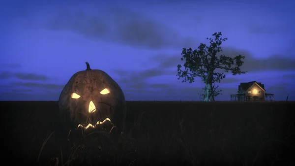 Halloween pumpkin lying in grass at night with spooky tree and h — Stock Photo, Image