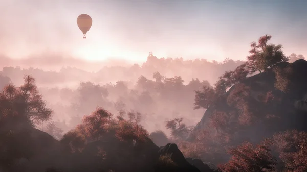 Aereo di palloncino che sorvola il paesaggio montano con autunno per — Foto Stock