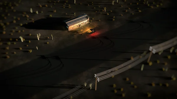 Aerial of desert landscape with road and diner and vintage car a