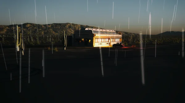 Desert landscape with diner and vintage car in the rain at sunse