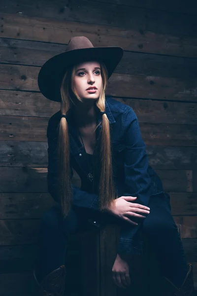 Cowgirl jeansy moda kobieta z długie blond włosy. Siedząc na wo — Zdjęcie stockowe