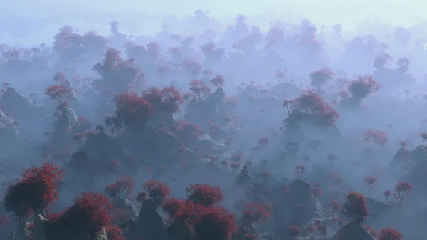 空中的神秘山风景用红色秋天的树木，在 — 图库照片