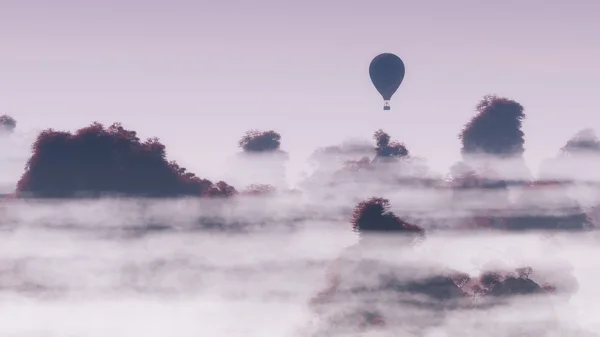 Aerial of hot air balloon flying over autumn mountain landscape — Stock Photo, Image