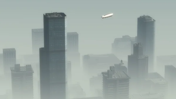 Aérien d'un dirigeable survolant une ville de gratte-ciel dans la brume . — Photo