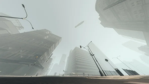 Zeppelin flying over skyscraper city in the mist. Low angle view — Stock Photo, Image