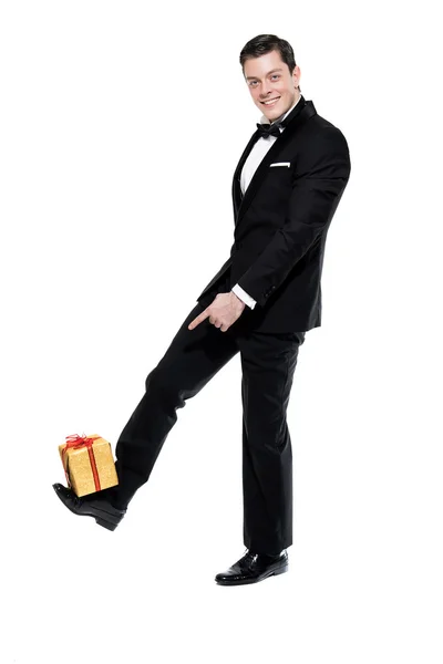 New year's eve fashion man wearing black dinner jacket. Balancin — Stock Photo, Image