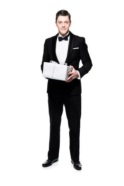 New year's eve fashion man wearing black dinner jacket. Holding — Stock Photo, Image