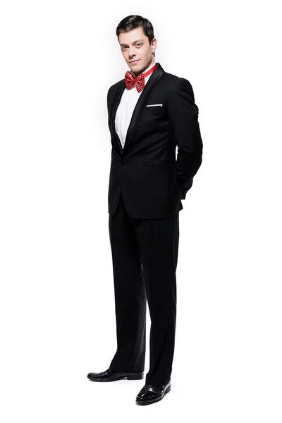 New year's eve moda mężczyzna noszenia smokingu czarny z wielkim — Zdjęcie stockowe
