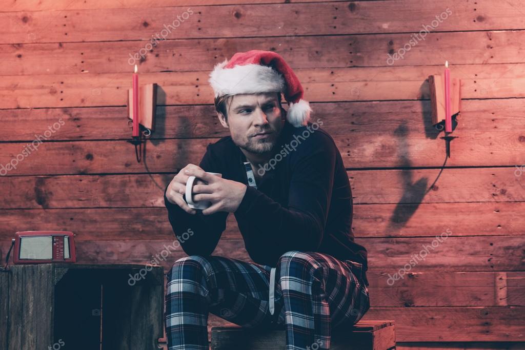 Mann Mit Blonden Haaren Bart Und Weihnachten Trägt Hut Winter Sle
