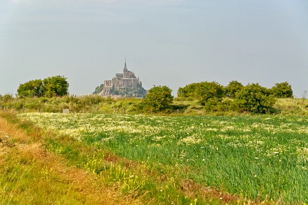 Vista através de campos rurais exuberantes para Mont St Michel — Fotografia de Stock