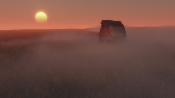 Barn enveloped in mist at sunrise