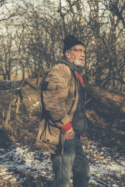 Senior man backpacking in woods — Stock Photo, Image