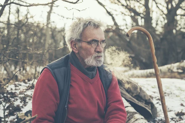 Ernstige oude Man in het bos — Stockfoto