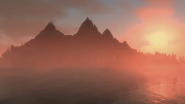 Mglisty wschód słońca nad szczyty górskie — Zdjęcie stockowe